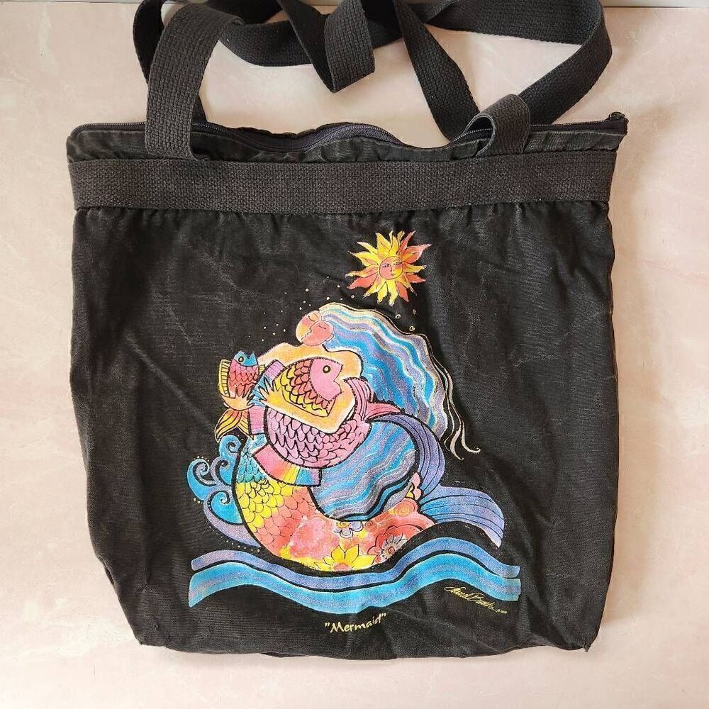 Laurel Burch Mermaid 2000 black tote bag y2k summer sea siren